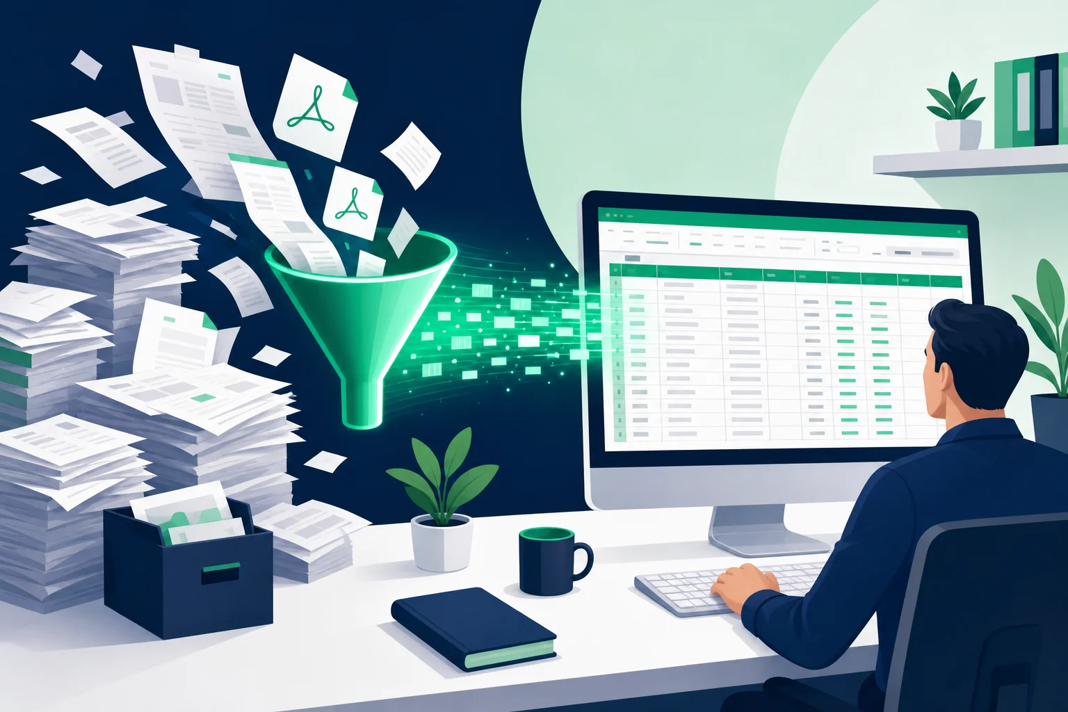 Ilustração de documentos sendo automaticamente organizados em planilha Excel
