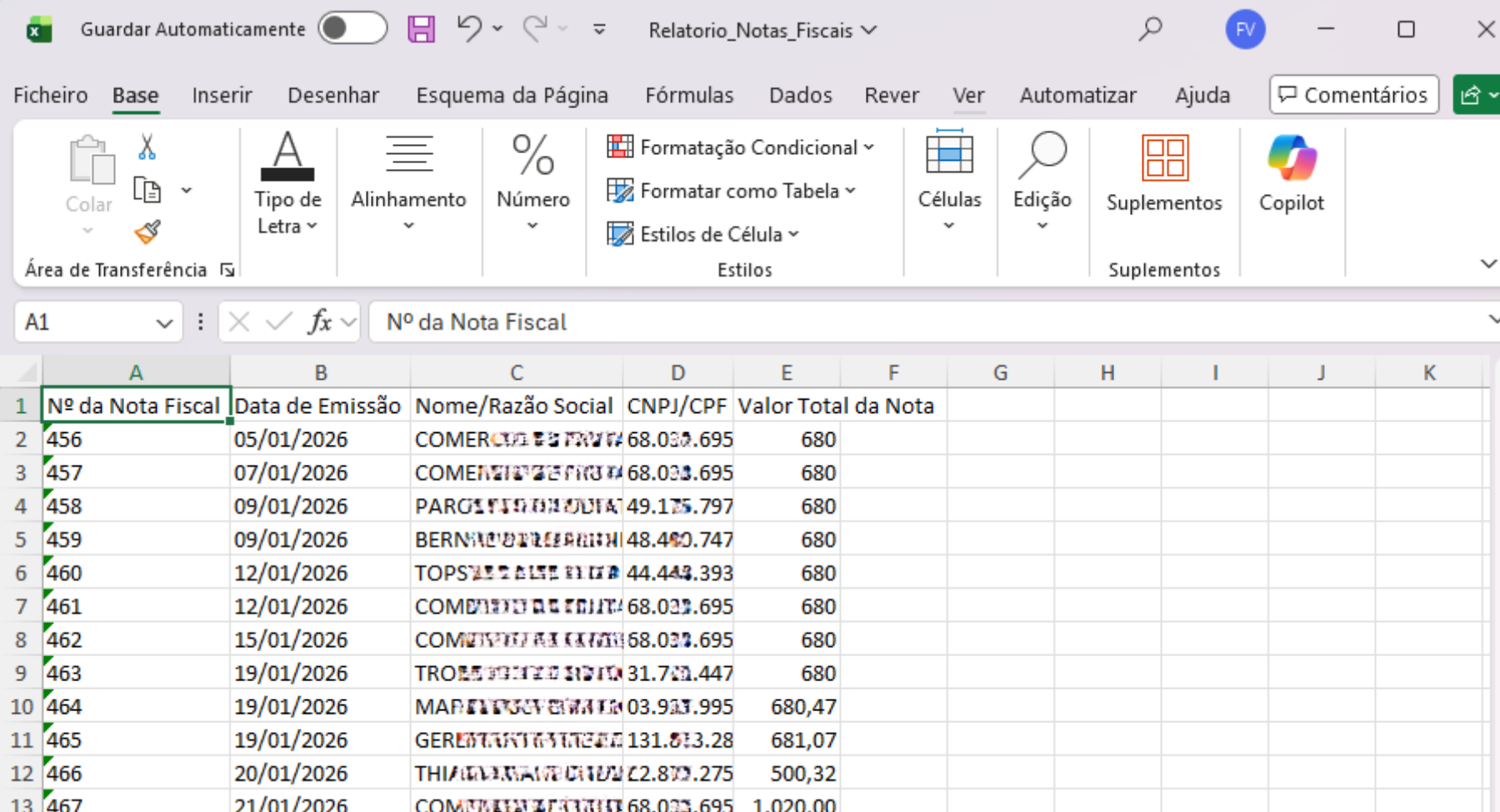 Planilha Excel organizada com dados extraídos das notas fiscais pelo Fraktor