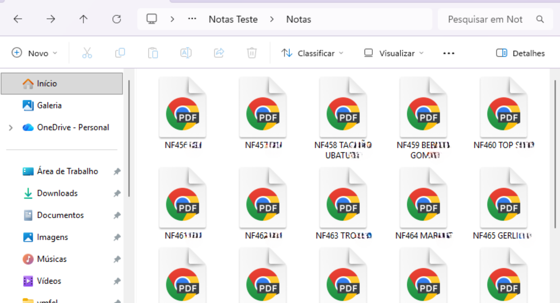 Pasta do Windows com dezenas de PDFs de notas fiscais desorganizados